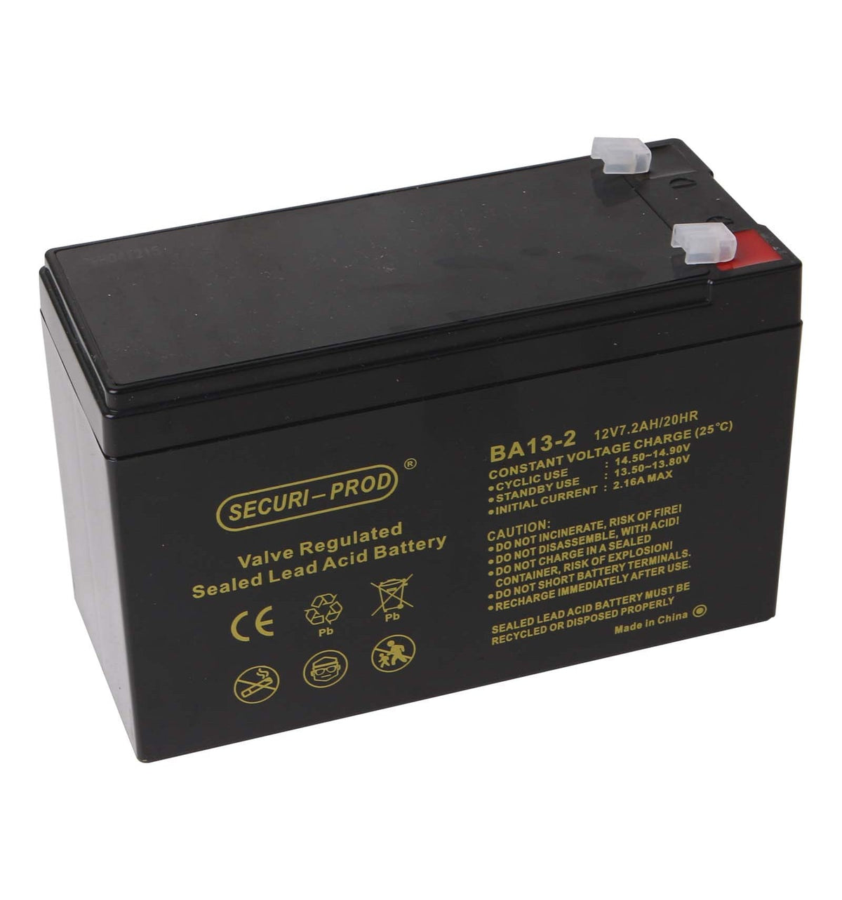 A black Securi-Prod BA13-2 12V sealed lead acid battery with yellow printed specifications and safety labels, featuring two gray terminal caps on the top.