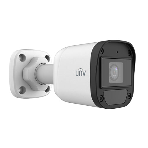 A white and black bullet security camera with a wall mount bracket, featuring the brand logo 'unv' on its side, set against a plain white background.